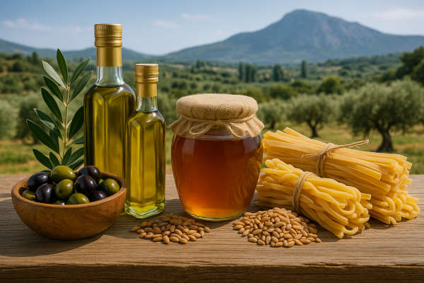 Griechische lokale Produkte, Oliven, Olivenöl, Honig